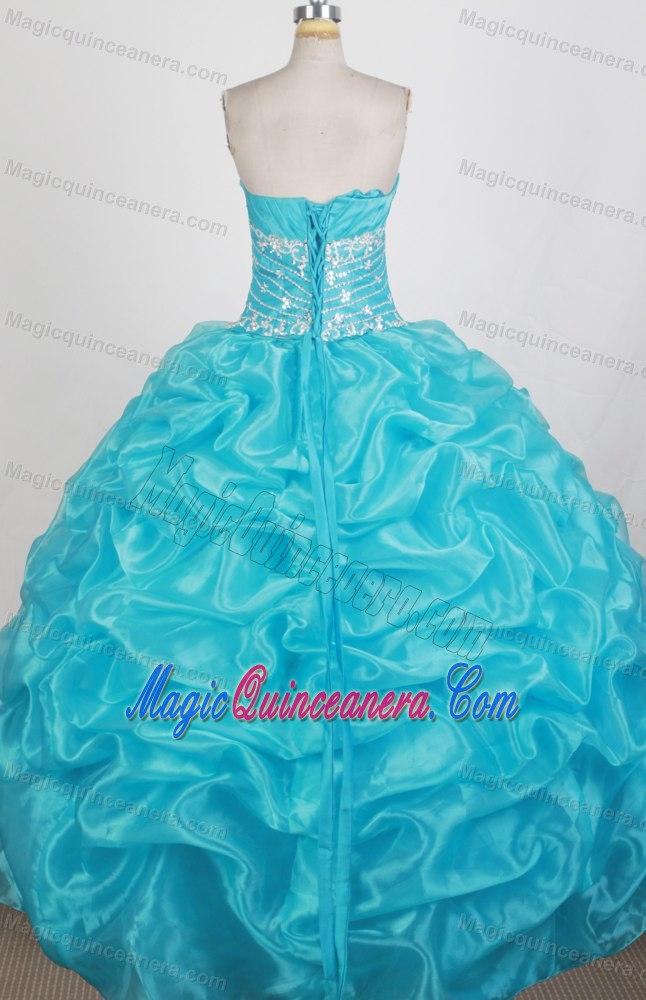 Beading Strapless Aqua Blue Quinceanera Dress with Pick Up and Ruche