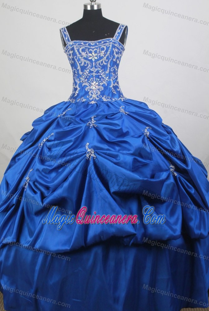 Straps Embroidery and Beading Pick Ups Royal Blue Quinceanera Gown
