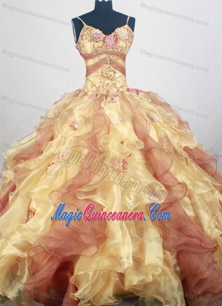 Straps Beading Multi-color Appliques Ruffled Ball Gown Sweet 16 Dress