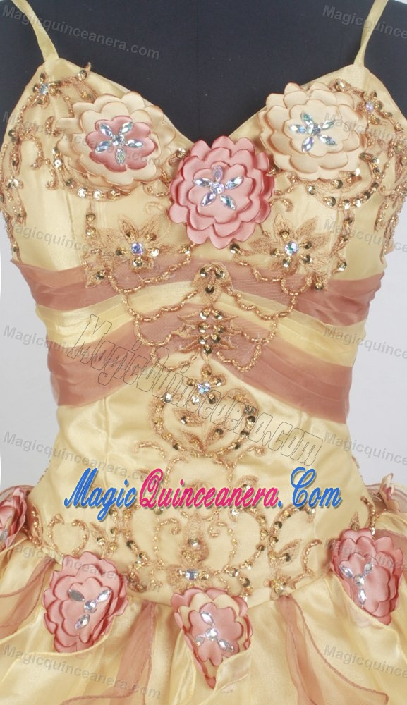 Straps Beading Multi-color Appliques Ruffled Ball Gown Sweet 16 Dress