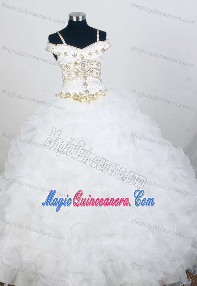 Off Shoulder Straps Ruffled Quince Dresses with Applique and beading