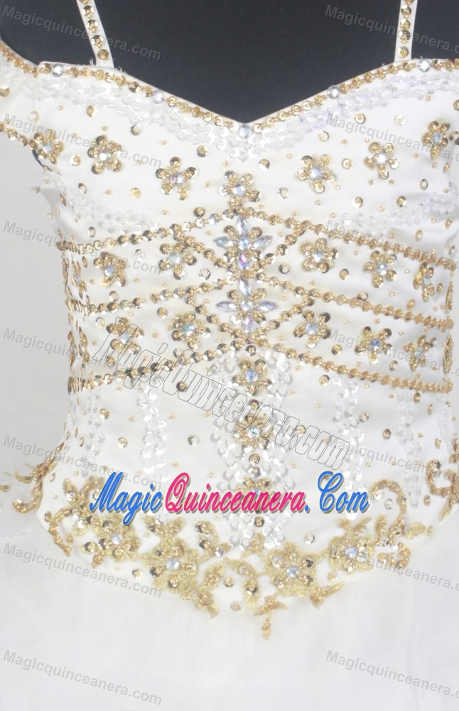 Off Shoulder Straps Ruffled Quince Dresses with Applique and beading