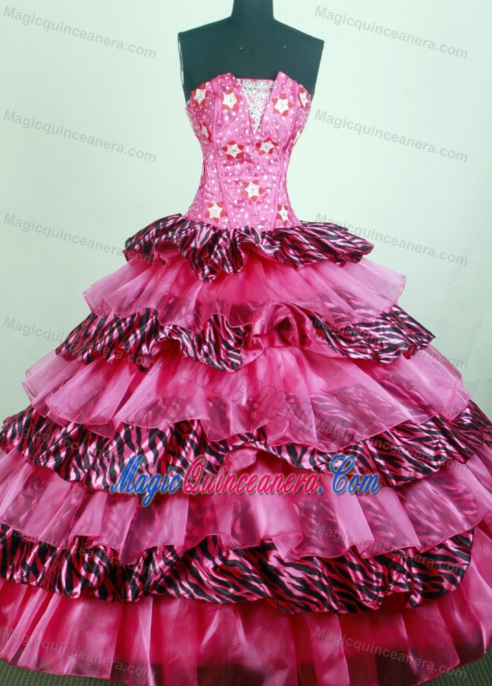 Layered Leopard Fabric Strapless Beading Applique Quinceanera Gown