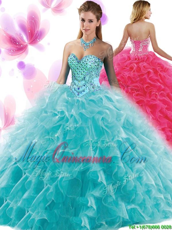 triumph Hot Sale Teal Sweetheart Lace Up Beading and Ruffles Sweet 16 Quinceanera Dress Sleeveless