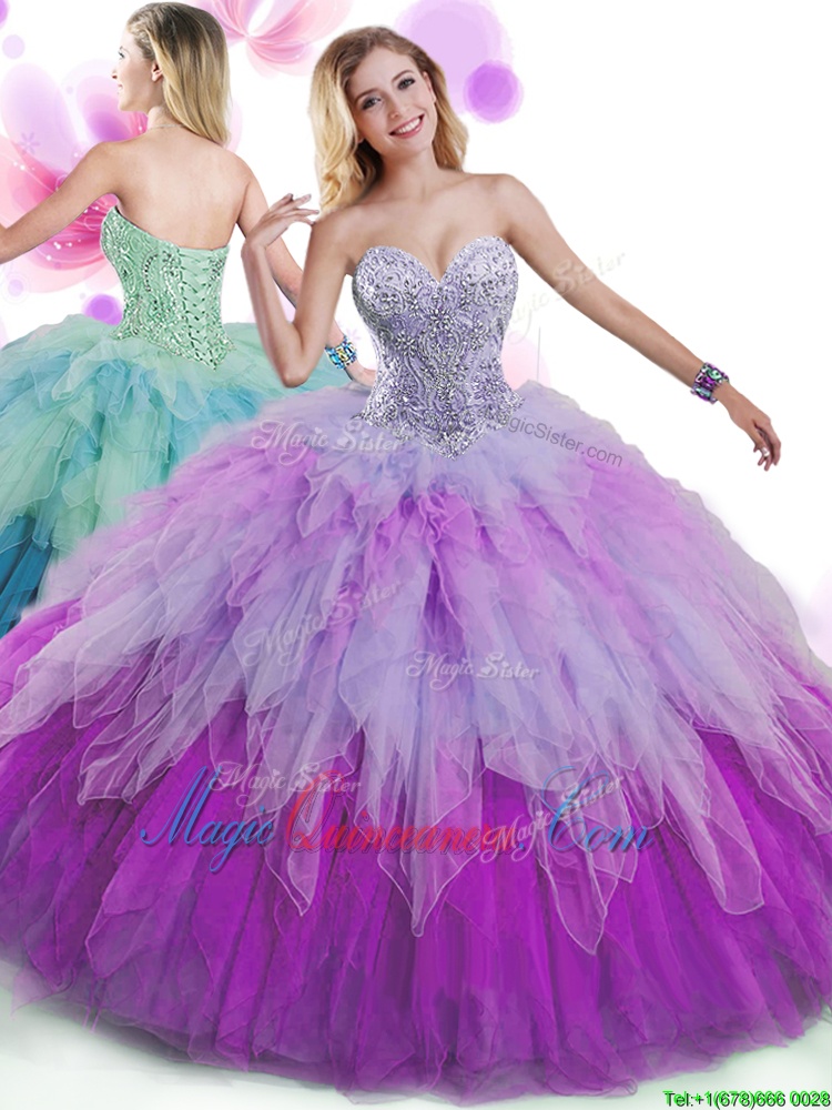 triumph Fashionable Multi-color Sweetheart Lace Up Beading and Ruffles Quinceanera Gowns Sleeveless