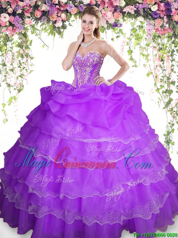 triumph Pick Ups Ruffled Floor Length Purple Vestidos de Quinceanera Sweetheart Sleeveless Lace Up