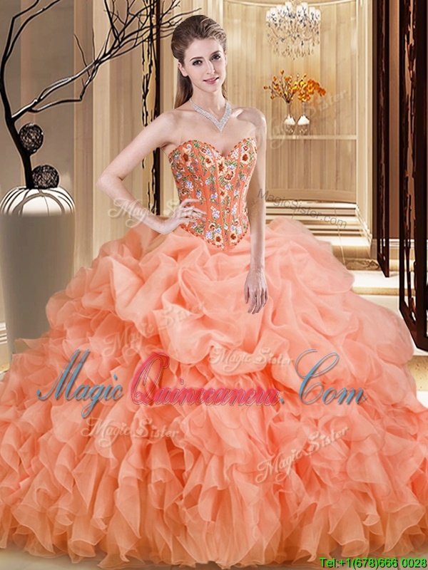triumph Orange Sweetheart Neckline Beading and Embroidery and Ruffles Quinceanera Gown Sleeveless Lace Up