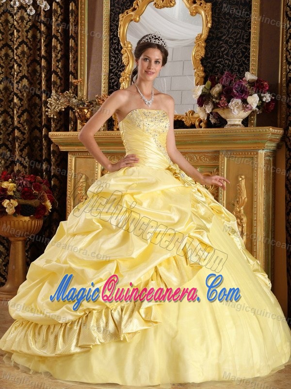 Yellow Ball Gown Strapless Quinceanera Dress with Beading Pick ups