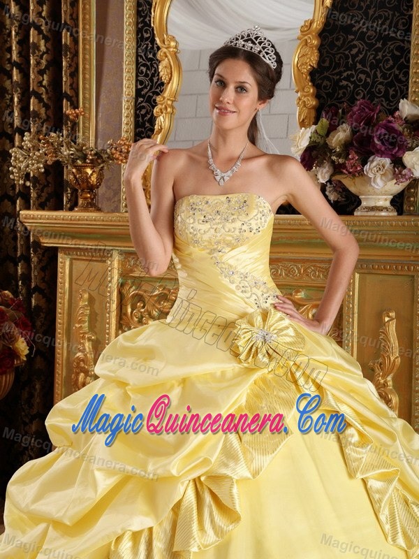 Yellow Ball Gown Strapless Quinceanera Dress with Beading Pick ups