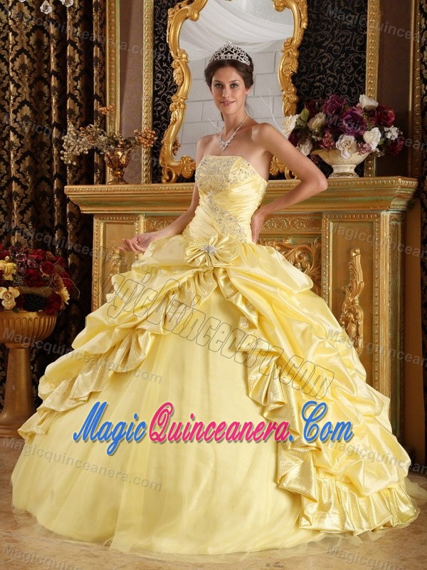 Yellow Ball Gown Strapless Quinceanera Dress with Beading Pick ups