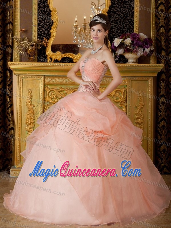 Beading and Pick ups Accent Quinceanera Dresses in Peach Color