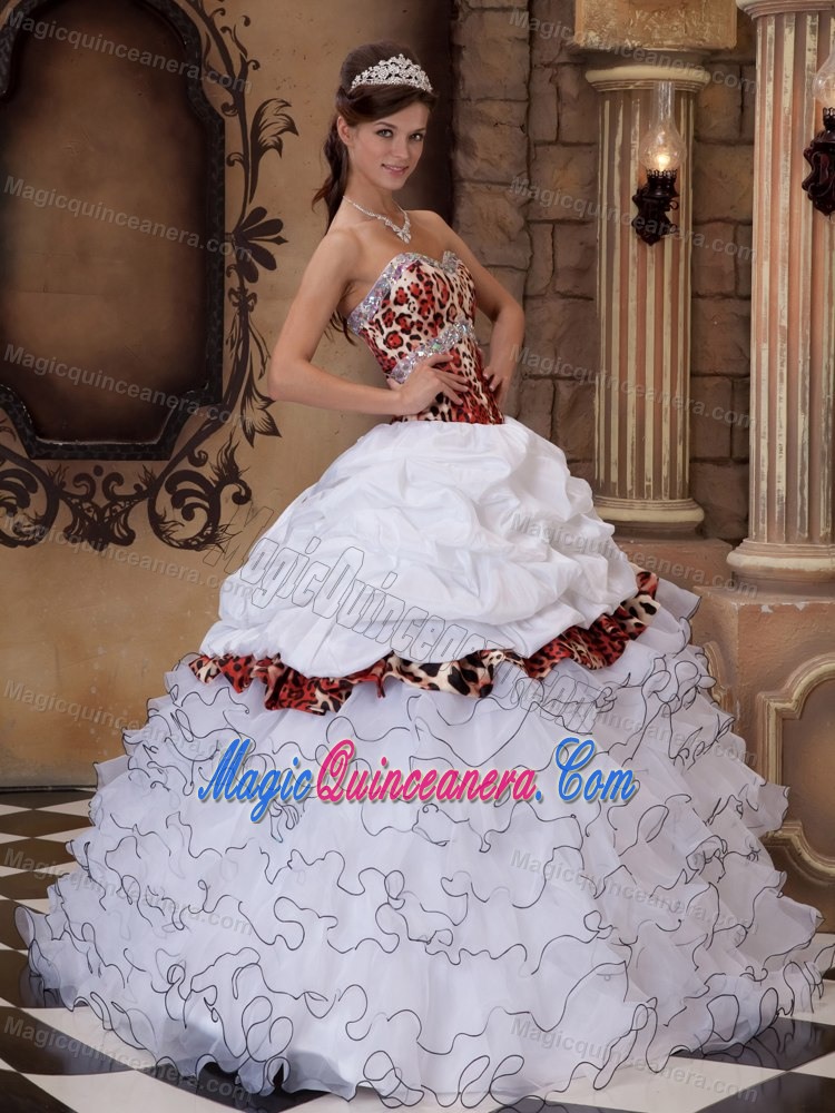 Ruffled and Beaded Quinceanera Gowns with Leopard Print for Cheap