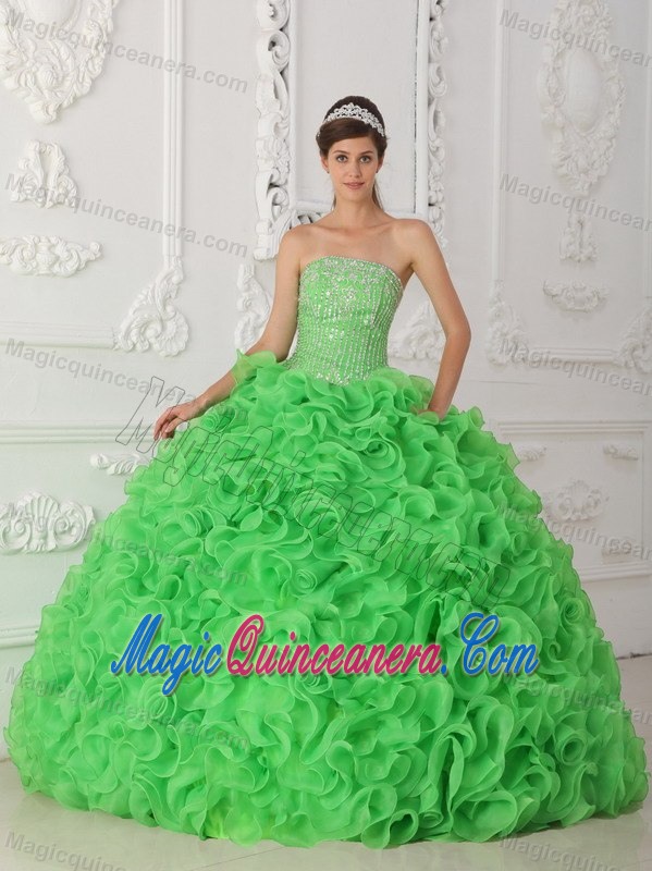 Beading and Rolling Flowers Accent Green Strapless Quince Gowns