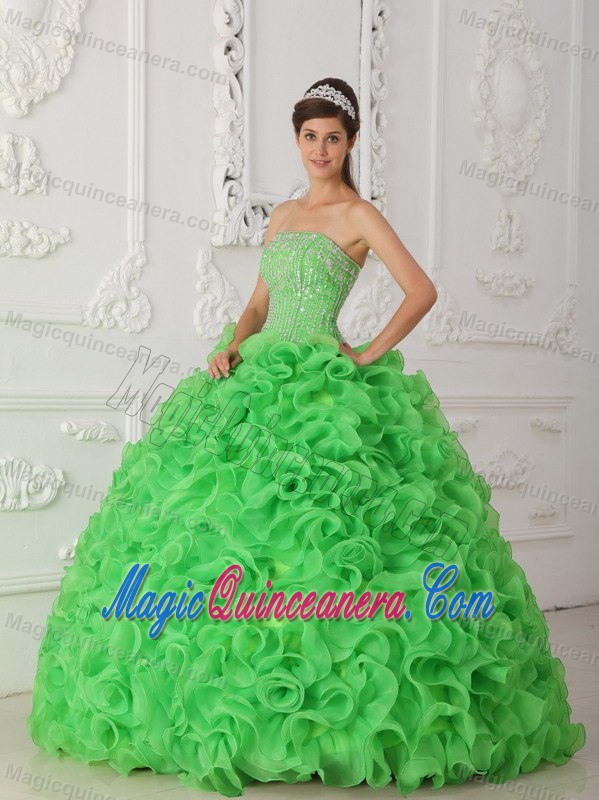 Beading and Rolling Flowers Accent Green Strapless Quince Gowns