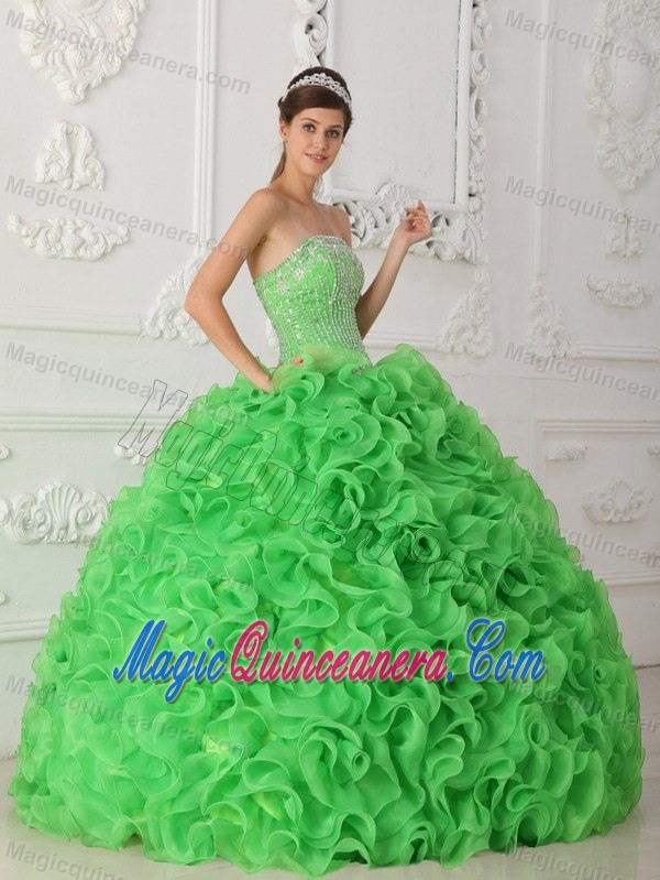 Beading and Rolling Flowers Accent Green Strapless Quince Gowns