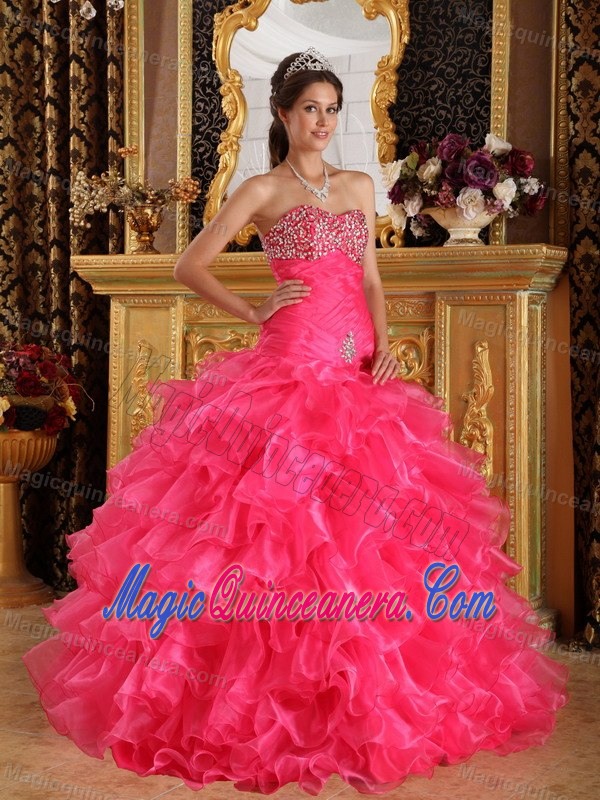 Chihuahua Mexico Beaded and Ruffled Hot Pink Quinceanera Gowns