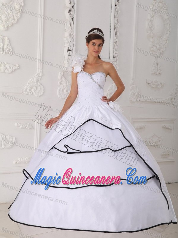 Flowers Accent One Shoulder White Quinceanera Gowns Black Frills