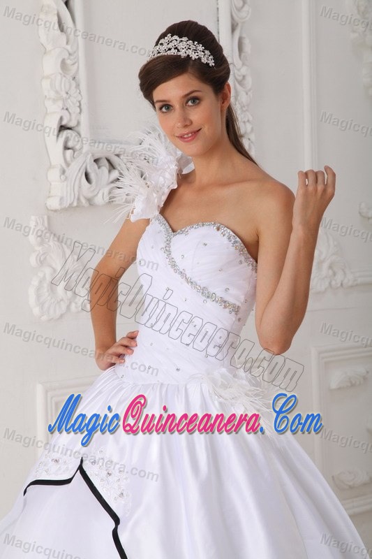 Flowers Accent One Shoulder White Quinceanera Gowns Black Frills