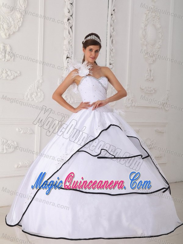 Flowers Accent One Shoulder White Quinceanera Gowns Black Frills