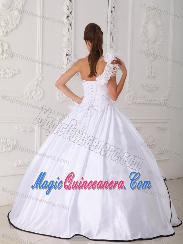 Flowers Accent One Shoulder White Quinceanera Gowns Black Frills