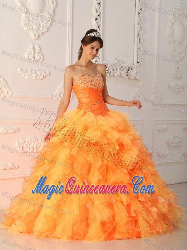 Beaded Orange Red Organza Quinceanera Gowns with Puffy Ruffles
