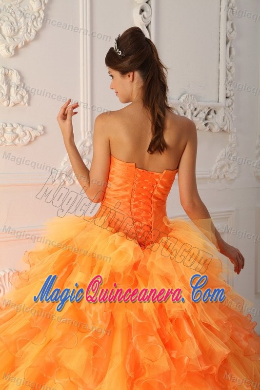 Beaded Orange Red Organza Quinceanera Gowns with Puffy Ruffles