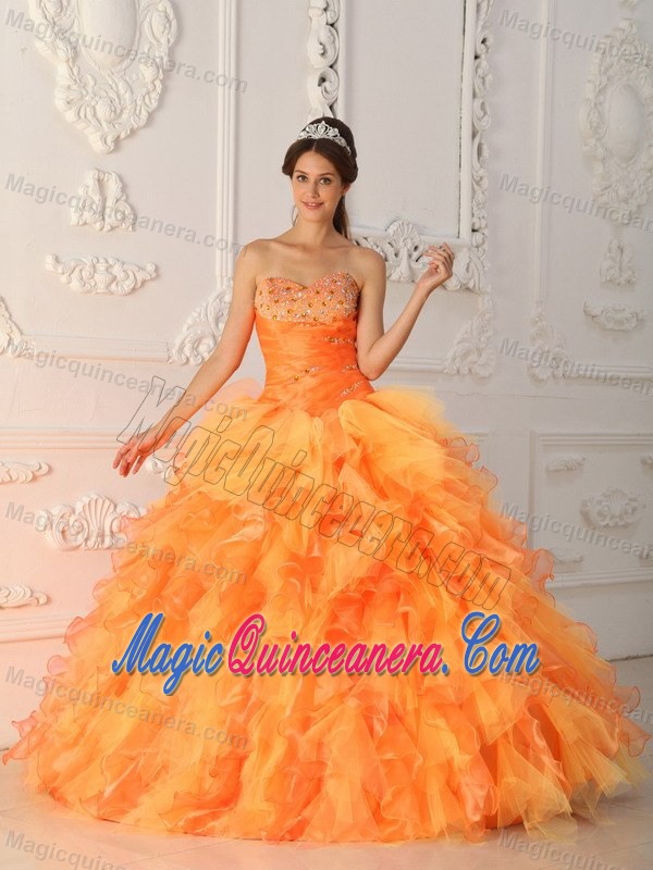 Beaded Orange Red Organza Quinceanera Gowns with Puffy Ruffles