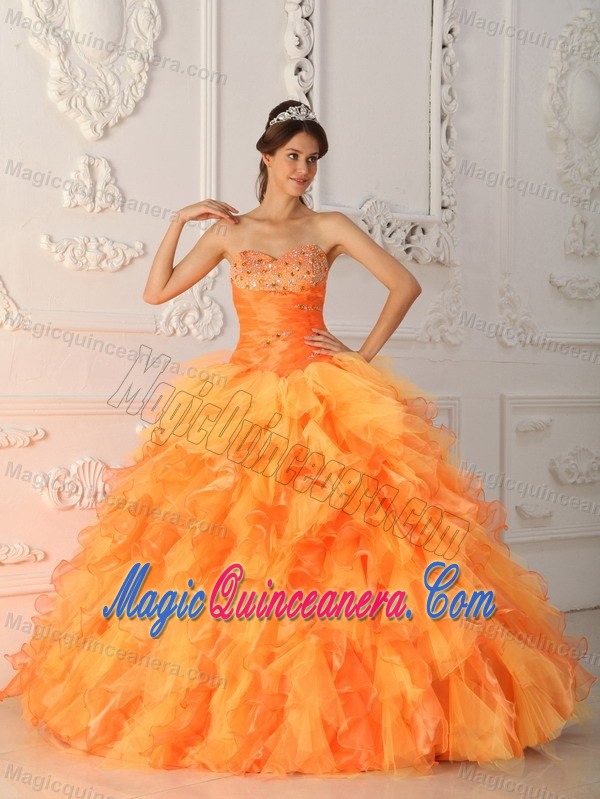 Beaded Orange Red Organza Quinceanera Gowns with Puffy Ruffles