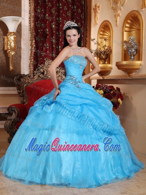Baby Blue Strapless Dresses for 15 with Appliques and Pick ups