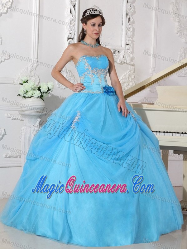 2013 Popular Appliques and Flowers Accent Blue Dresses for 15
