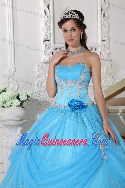 2013 Popular Appliques and Flowers Accent Blue Dresses for 15