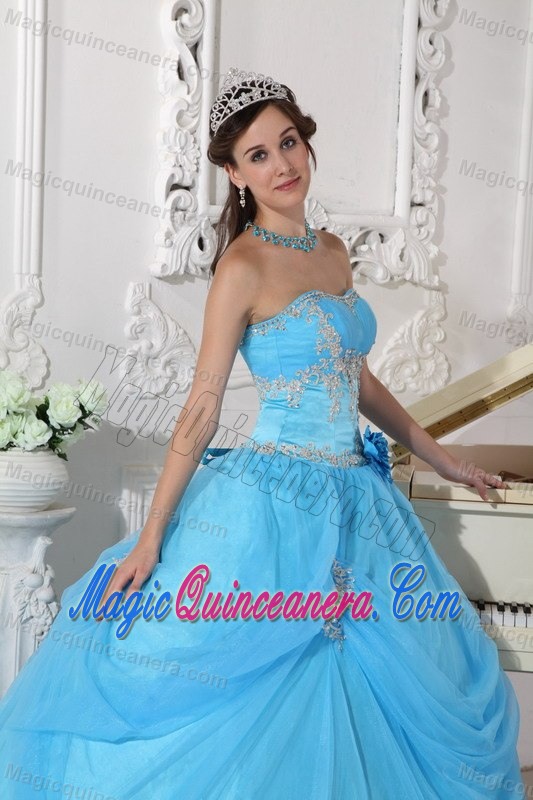 2013 Popular Appliques and Flowers Accent Blue Dresses for 15