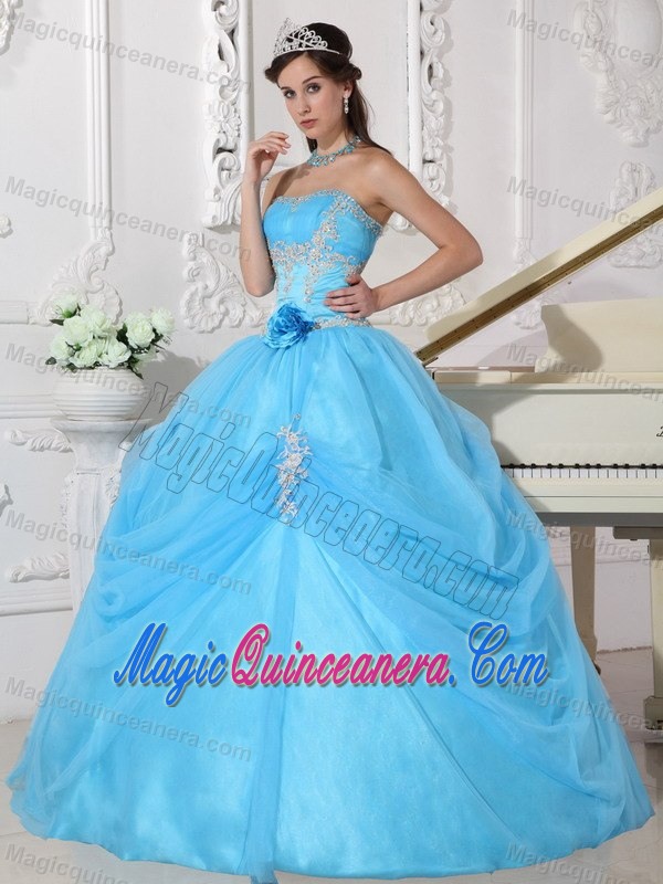 2013 Popular Appliques and Flowers Accent Blue Dresses for 15