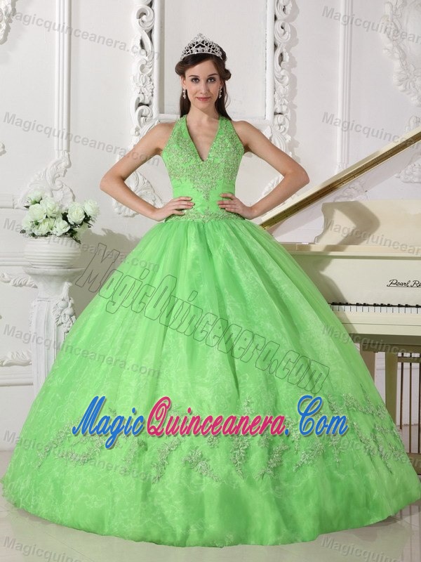 Spring Green Halter Lace-up Dresses 15 with Appliques Floor Length