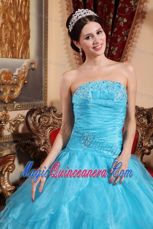 Ruched Blue Organza Floor Length Dresses 15 with Beading Ruffles