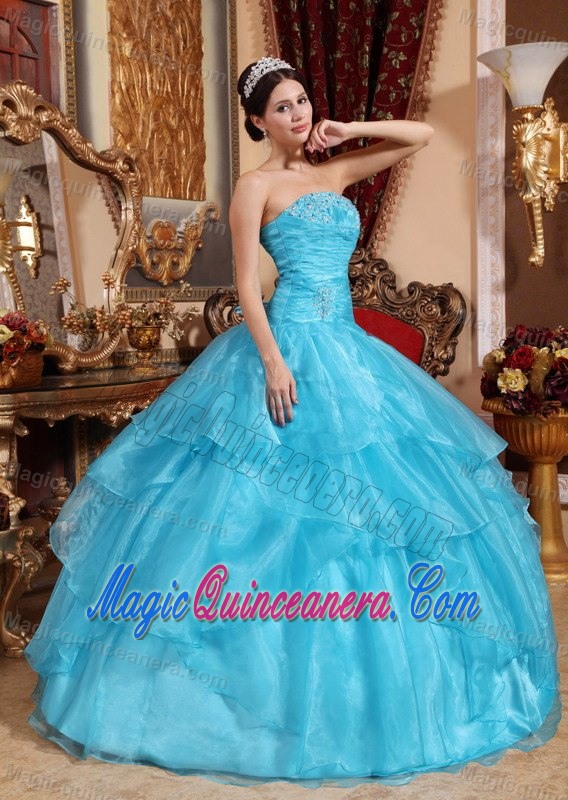 Ruched Blue Organza Floor Length Dresses 15 with Beading Ruffles