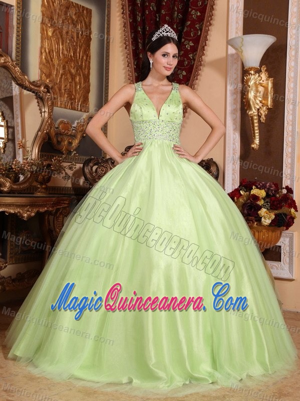 Beading V-neck Criss Cross Quinceanera Gown Dress in Yellow Green