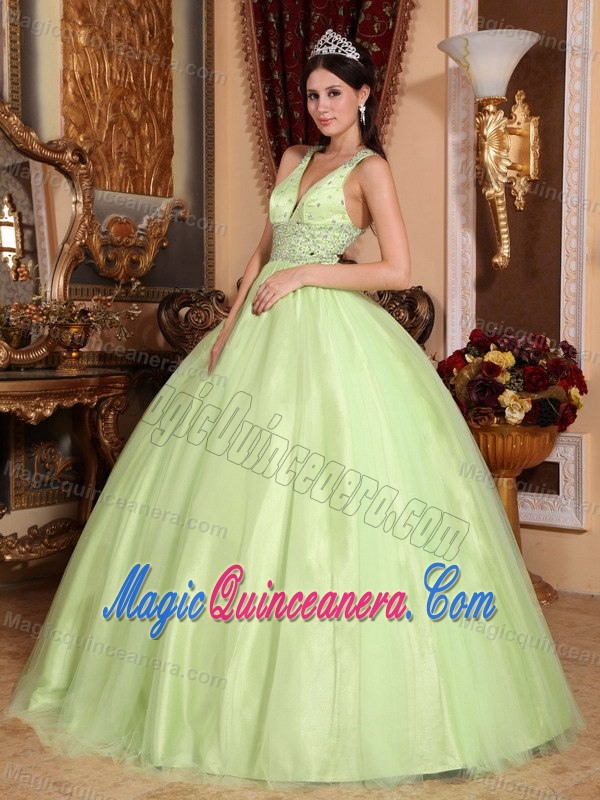 Beading V-neck Criss Cross Quinceanera Gown Dress in Yellow Green