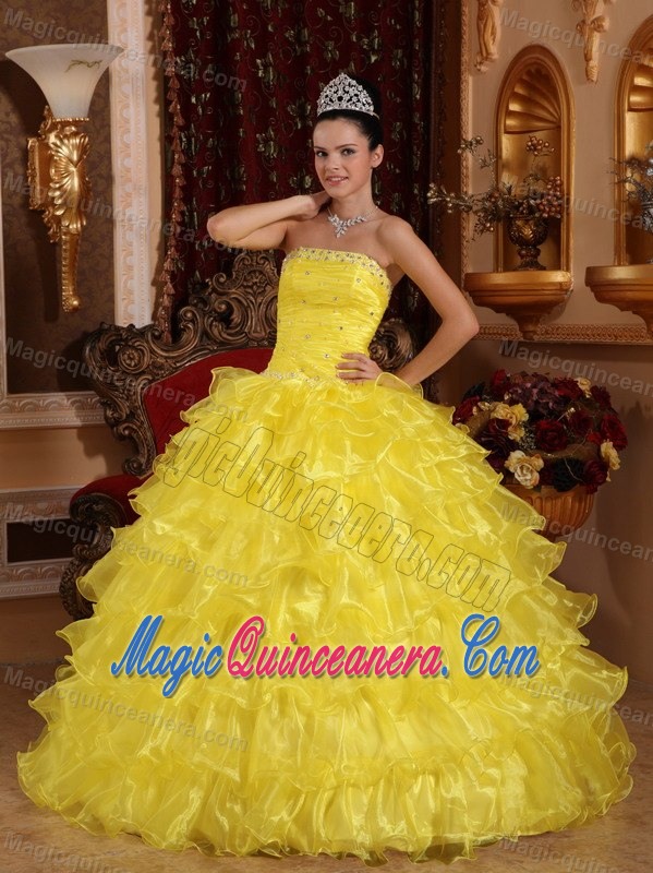 Beaded Bright Yellow Quinceanera Gown Dress with Ruffled Layers