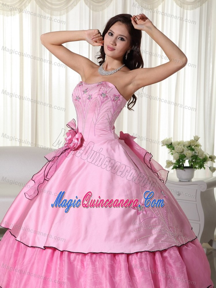 Rose Pink Ball Gown Dresses for A Quince with Flowers and Layers