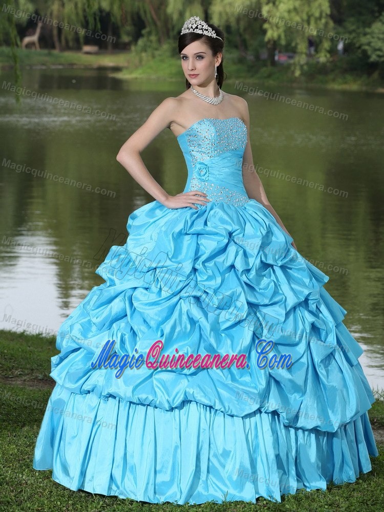 Aqua Blue Strapless Sweet Sixteen Dresses with Beading and Pick ups