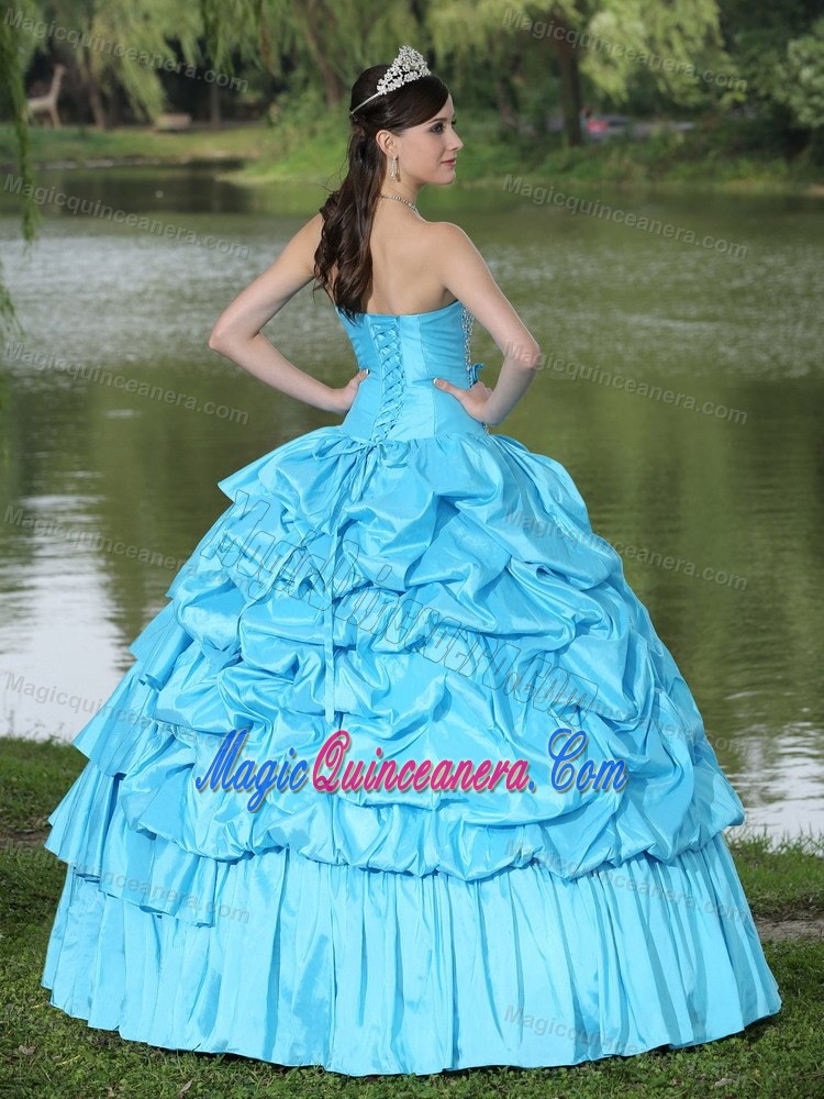 Aqua Blue Strapless Sweet Sixteen Dresses with Beading and Pick ups