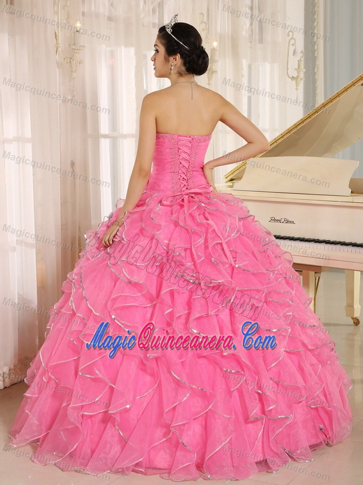 Frilly Ruffles Beading Organza Sweet Sixteen Dresses in Rose Pink