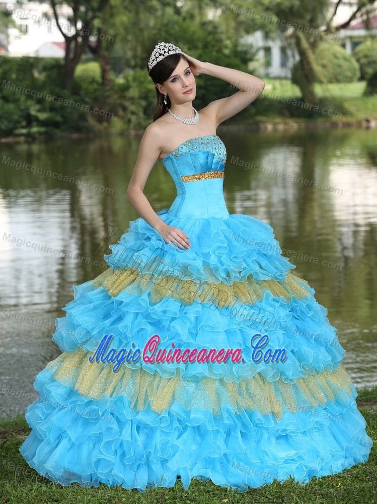 Beading and Ruffled Layers Accent Sweet Sixteen Dresses in Blue