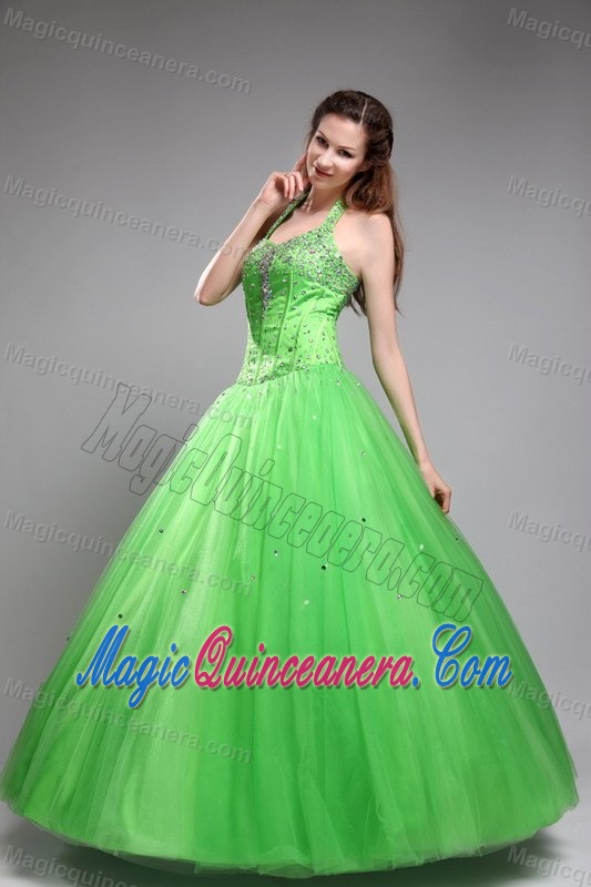 Spring Green Halter Floor Length Sweet Sixteen Dresses with Beading