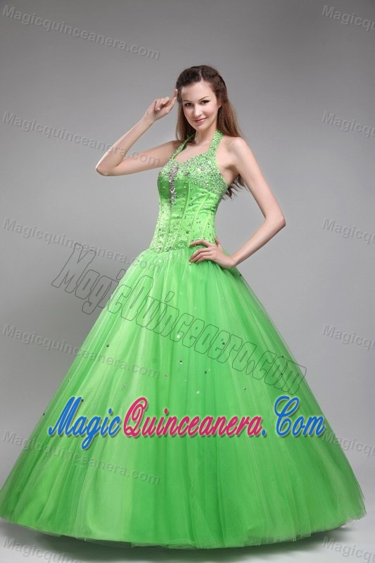 Spring Green Halter Floor Length Sweet Sixteen Dresses with Beading
