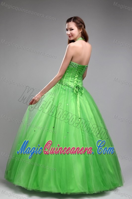 Spring Green Halter Floor Length Sweet Sixteen Dresses with Beading