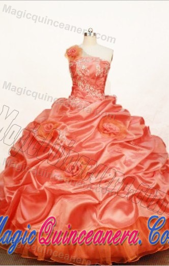 One Shoulder Handmade Flower Pick Up Appliques Orange Dresses 15