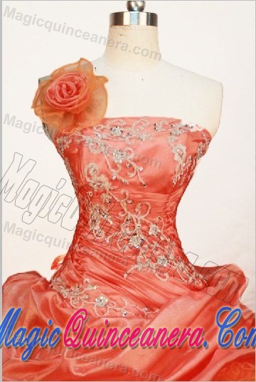 One Shoulder Handmade Flower Pick Up Appliques Orange Dresses 15