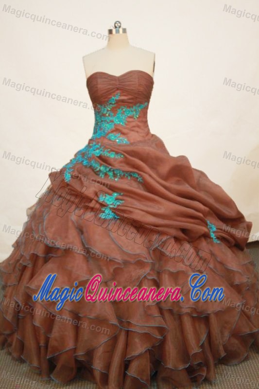 Ruffled Strapless Appliques Floor-length Organza Quinceaneras Dress